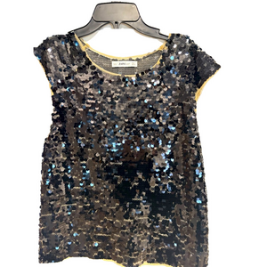 Zara Black Cap Sleeve Round Neck Sequin Embellished Evening Party Top Size Large